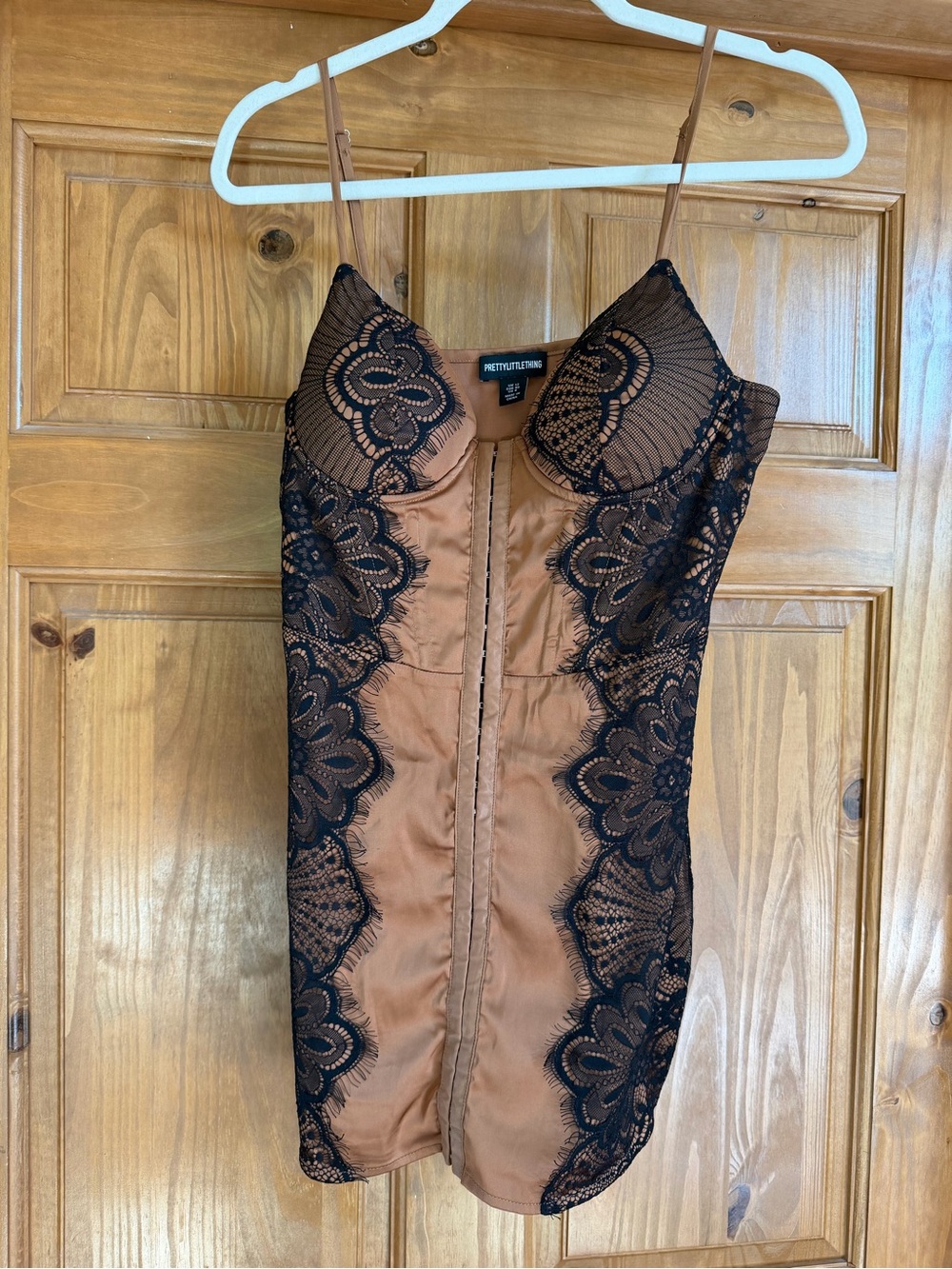 PrettyLittleThing mocha satin lace dress with front hook closure